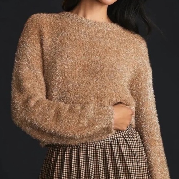 Anthropologie Maeve Tinsel Eyelash Sweater in Sand Tan Silver Size XL - Picture 2 of 14